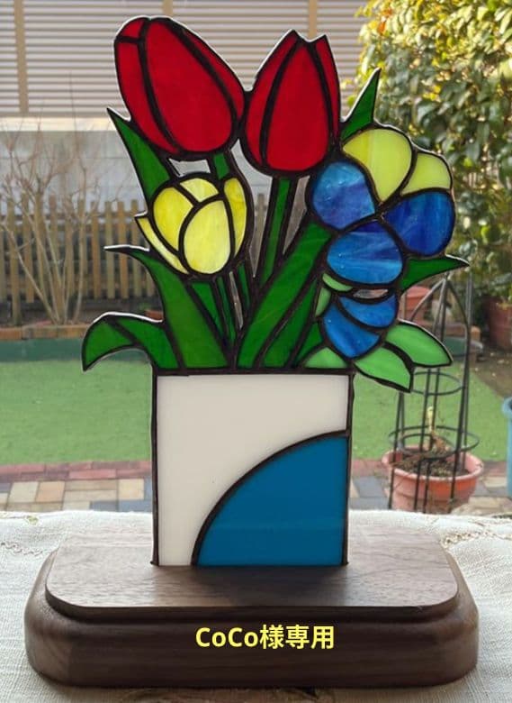 ステンドグラスパネル　チューリップとパンジー