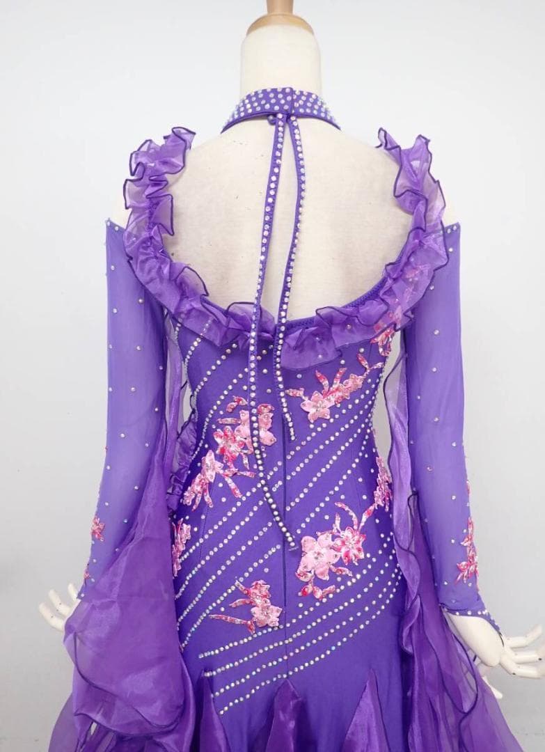 B1456★美品★紫/ピンク花/刺繍/ワンピース/スタンダードドレス☆社交ダンス