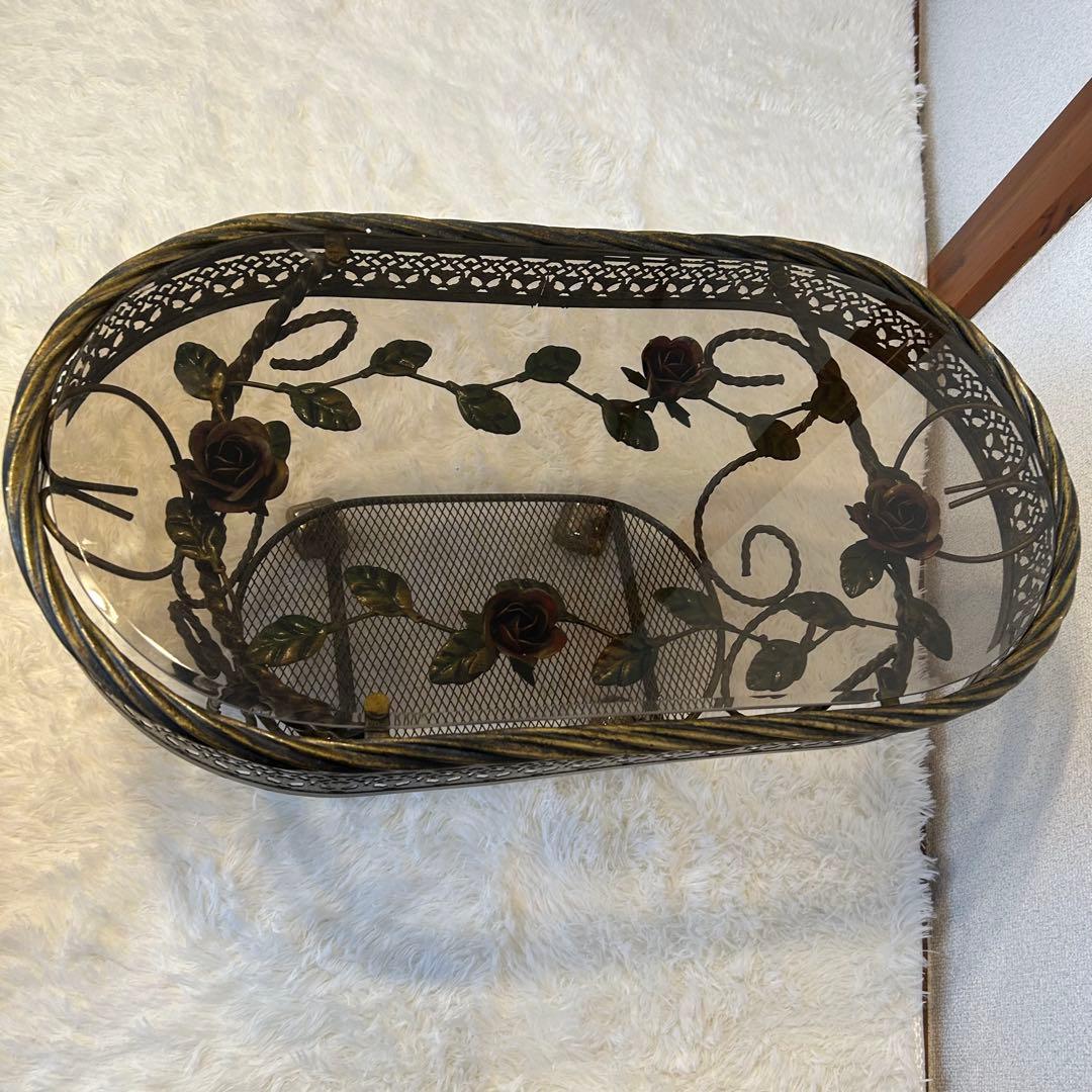 ヴィンテージ ミッドセンチュリー ガラス天板 真鍮キャスター HMC 薔薇