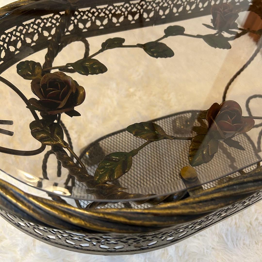 ヴィンテージ ミッドセンチュリー ガラス天板 真鍮キャスター HMC 薔薇