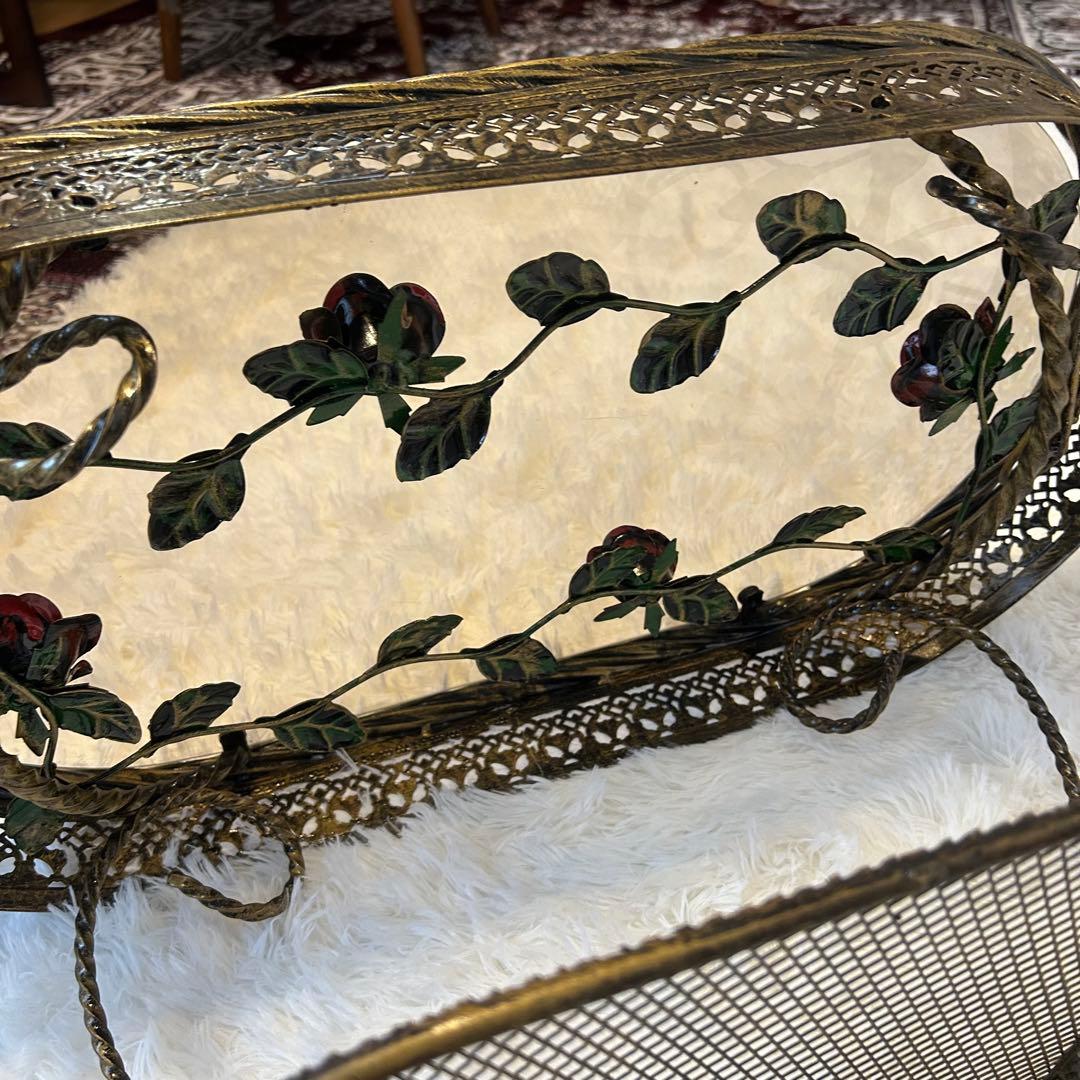 ヴィンテージ ミッドセンチュリー ガラス天板 真鍮キャスター HMC 薔薇