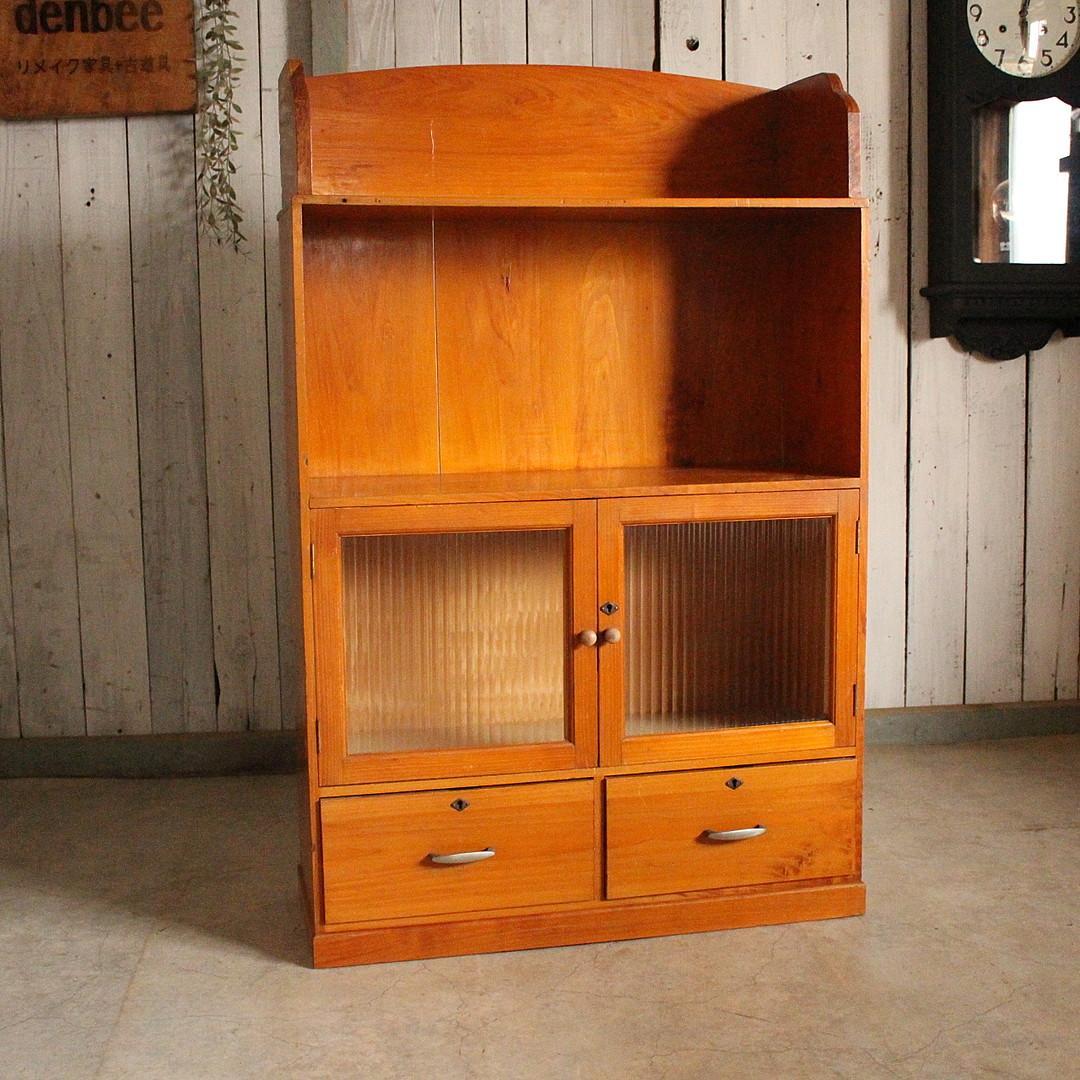 古いモールガラス戸棚　収納棚　小引き出し2杯