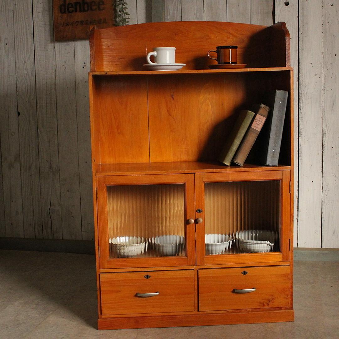 古いモールガラス戸棚　収納棚　小引き出し2杯