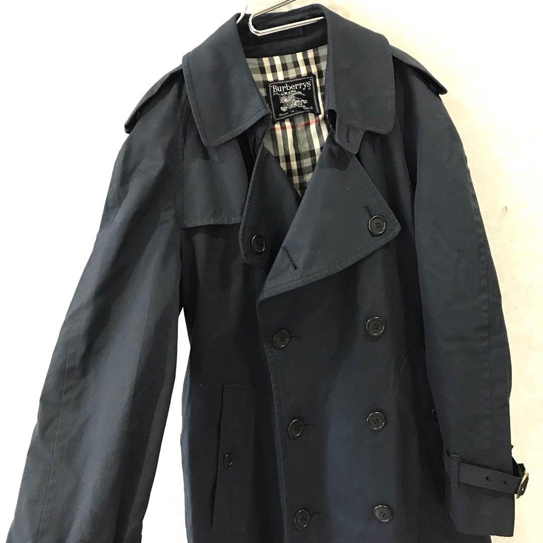 80ｓ英国製 Ｂｕｒｂｅｒｒｙ‘ｓ ノバチェック トレンチコート 希少 紺 Ｍ程