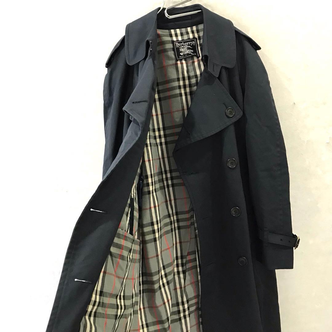 80ｓ英国製 Ｂｕｒｂｅｒｒｙ‘ｓ ノバチェック トレンチコート 希少 紺 Ｍ程