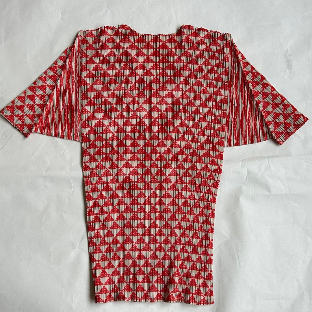 イッセイミヤケ プリーツプリーズ 半袖 赤系 柄入り
