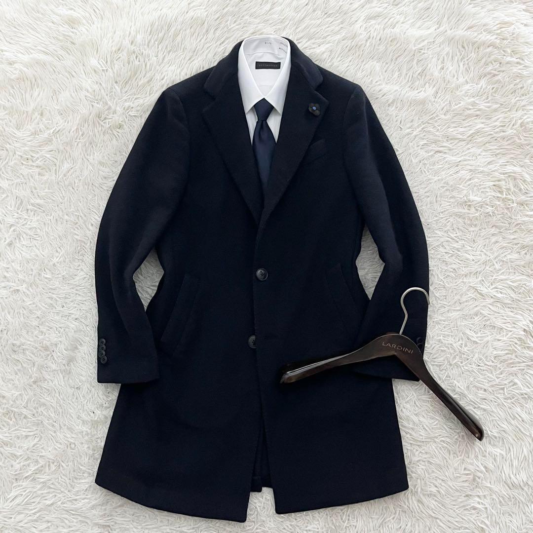 <美品>LARDINI ネイビー ウール チェスターコート ブートニエール 46