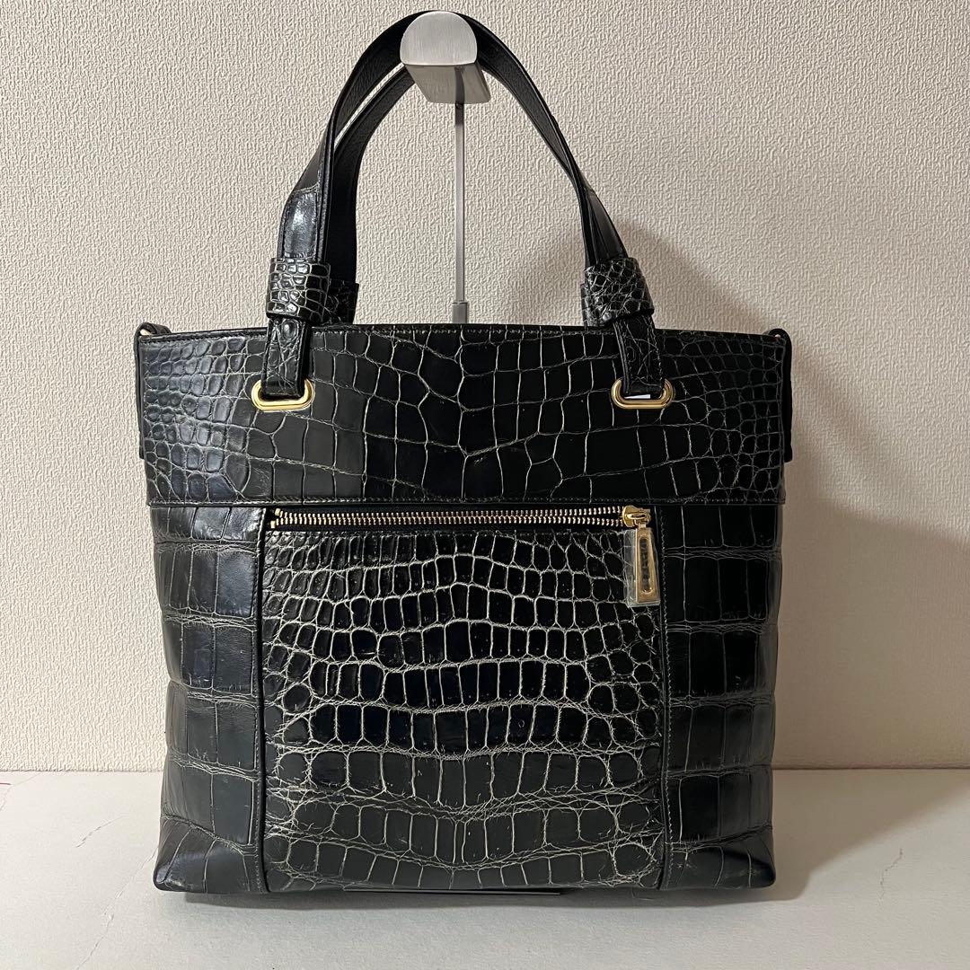 未使用品 JRA認定 クロコダイル トートバッグ 目地染め ブラック 2way