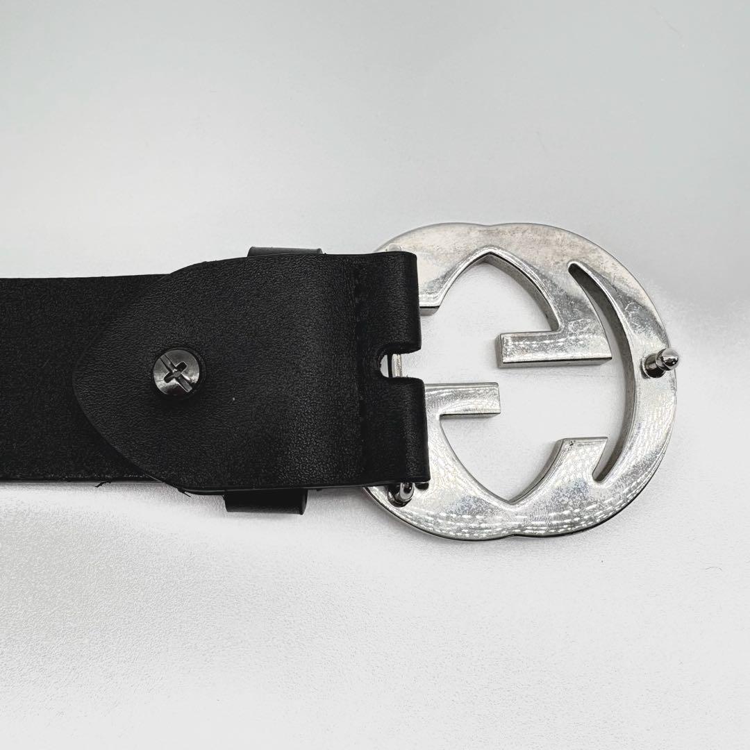 【美品】GUCCI　ベルト　インターロッキング　黒　シルバー　ダブルGG　レザー