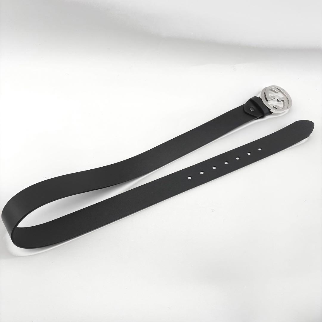 【美品】GUCCI　ベルト　インターロッキング　黒　シルバー　ダブルGG　レザー