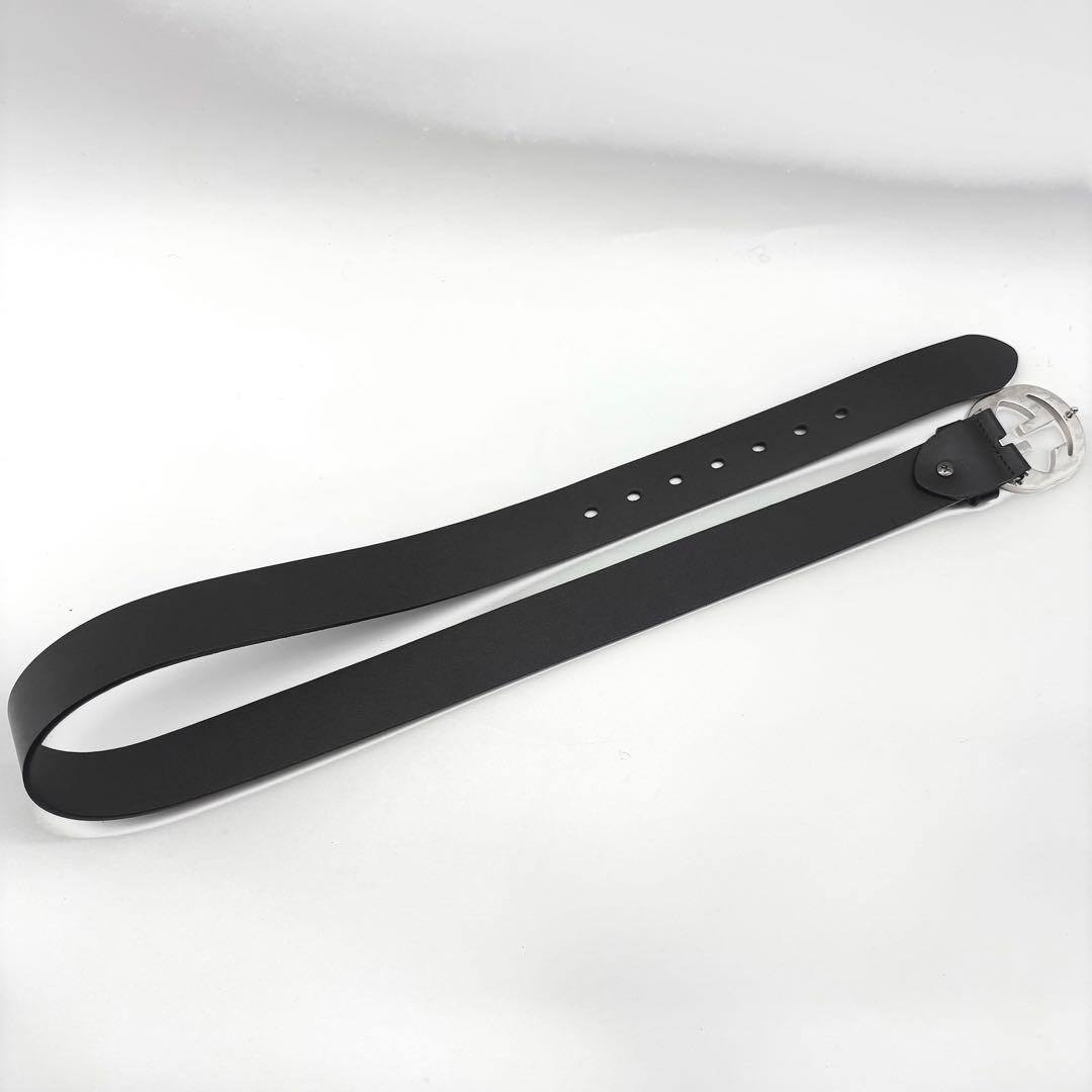 【美品】GUCCI　ベルト　インターロッキング　黒　シルバー　ダブルGG　レザー