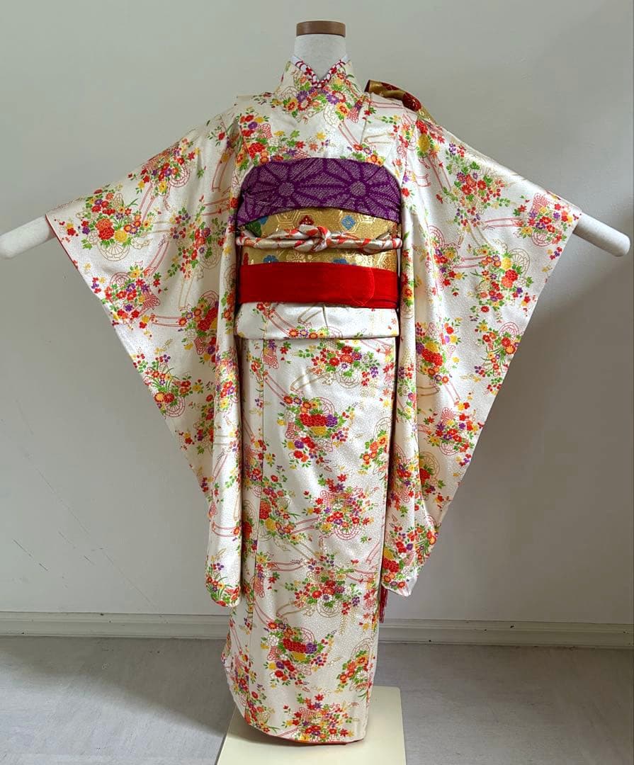 7歳　七五三　十三参り　身丈144 正絹着物　帯、帯揚げ、帯締め　しごき　セット