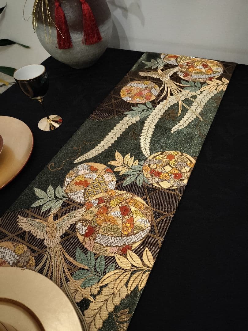 A942★逸品‼️全通帯‼️ひな祭り‼️袋帯正絹テーブルランナー2m14cm