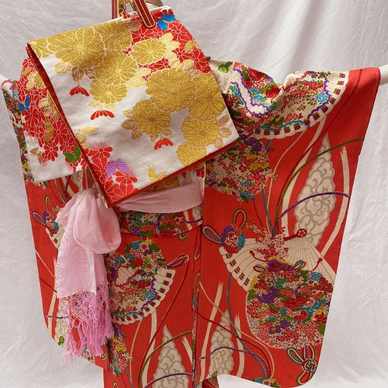 510ag72◎七五三 七歳 女児 アンティーク着物&袋帯 総柄 濃ピンク◎