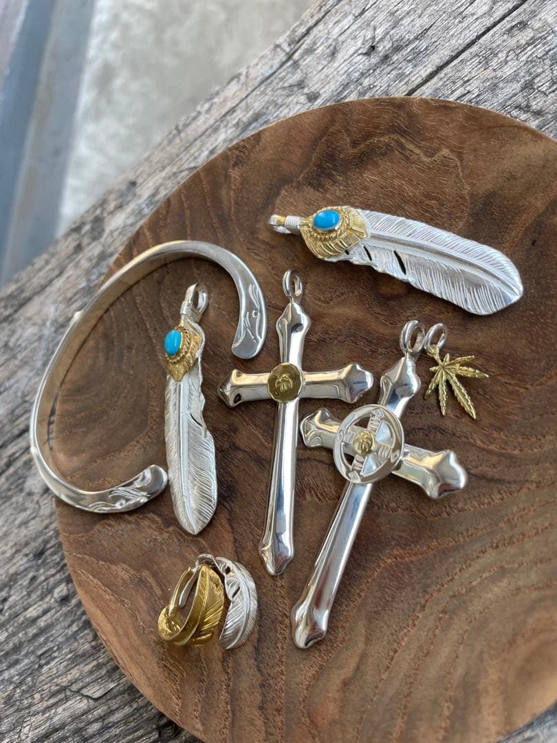 残1 印台メタル付 ホイール クロス ネックレス トップ チェーン ハンドメイド