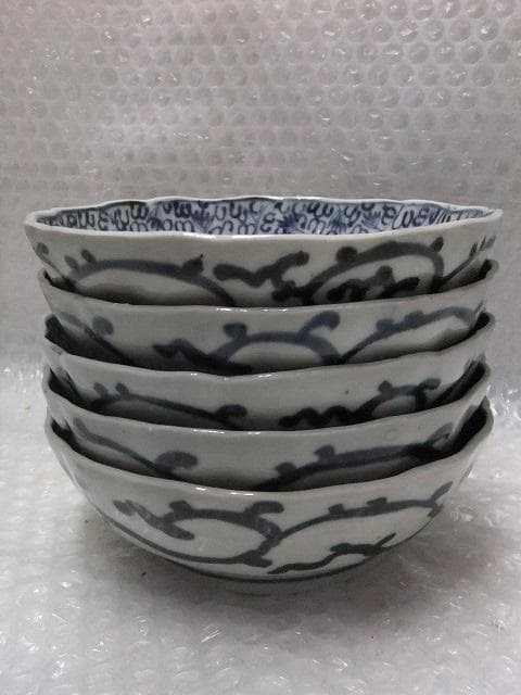 古伊万里　染付　花唐草　なます鉢　江戸中期　5客セット　良好に値するレベル