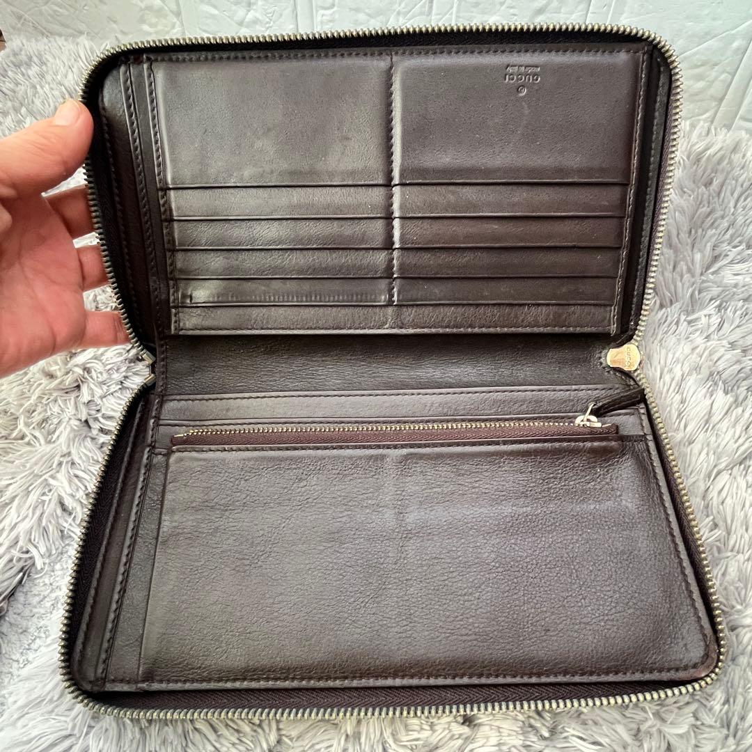 GUCCI✨大きめ長財布　オーガナイザー　ラウンドファスナー　シマ　ブラウン