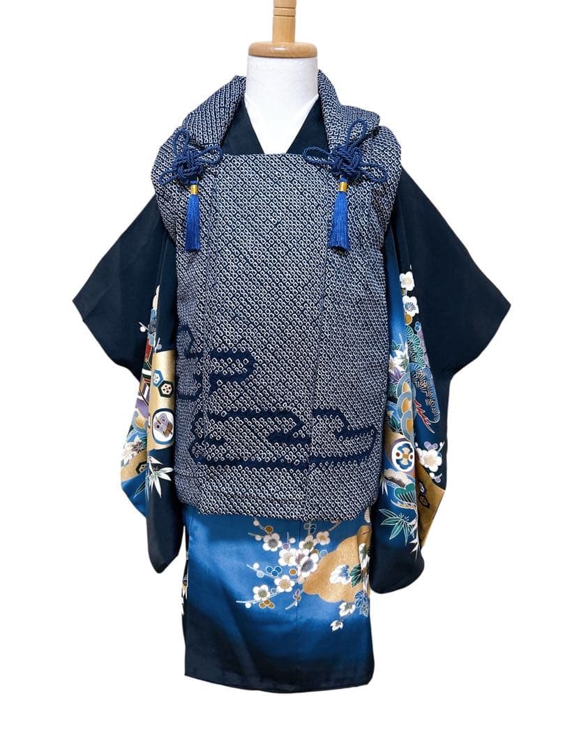 総絞り被布セット♡七五三　3歳　男の子　一式　鷹　黒系　正絹