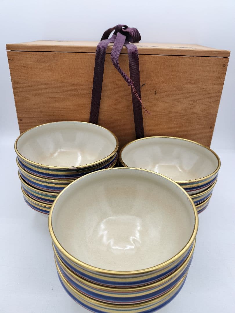 c774 数茶碗 独楽文 手塚桐鳳 10客 木箱 茶道具 古物