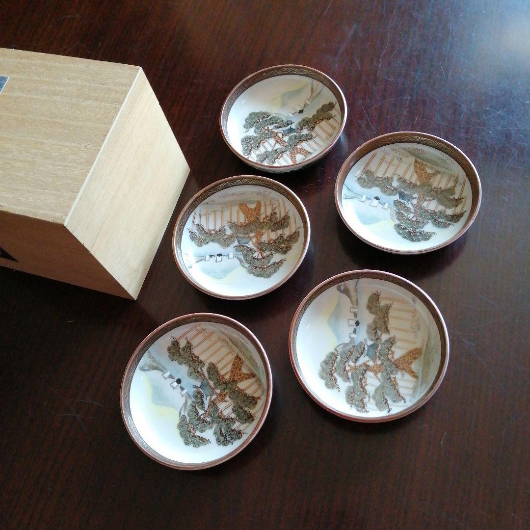 九谷焼　青粒鉄線三保の松原豆皿　5枚　8.5cm　明治～大正期