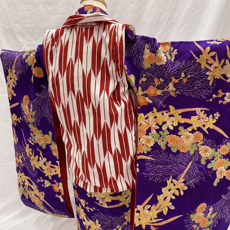 506ag33◎七五三 三歳 女の子 アンティーク着物&被布 花文 濃い紫色◎