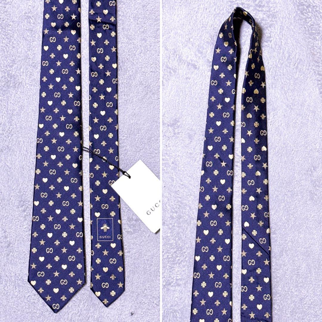 現行【未使用】グッチ ネクタイ 細身 GG ビー 星 ハート クローバー
