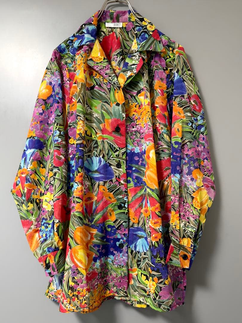 ヴィンテージ 花柄 総柄シャツ 開襟 アート マルチカラー USA古着