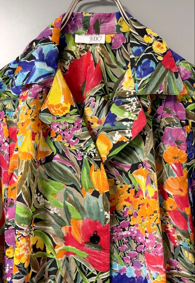 ヴィンテージ 花柄 総柄シャツ 開襟 アート マルチカラー USA古着