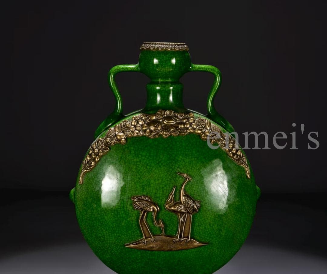 【時代の彩】中国古美術 清・乾隆 豆青釉 鶴の措金銅嵌扁瓶 花瓶 古陶磁 時代物