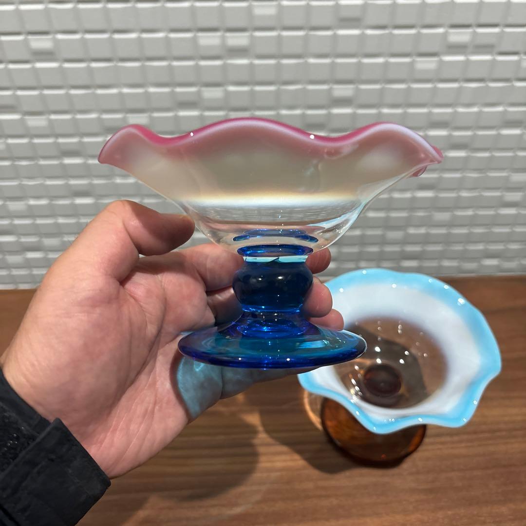 氷コップ 三色 手吹き ガラス 乳白色 レトロ 色付き脚 セット