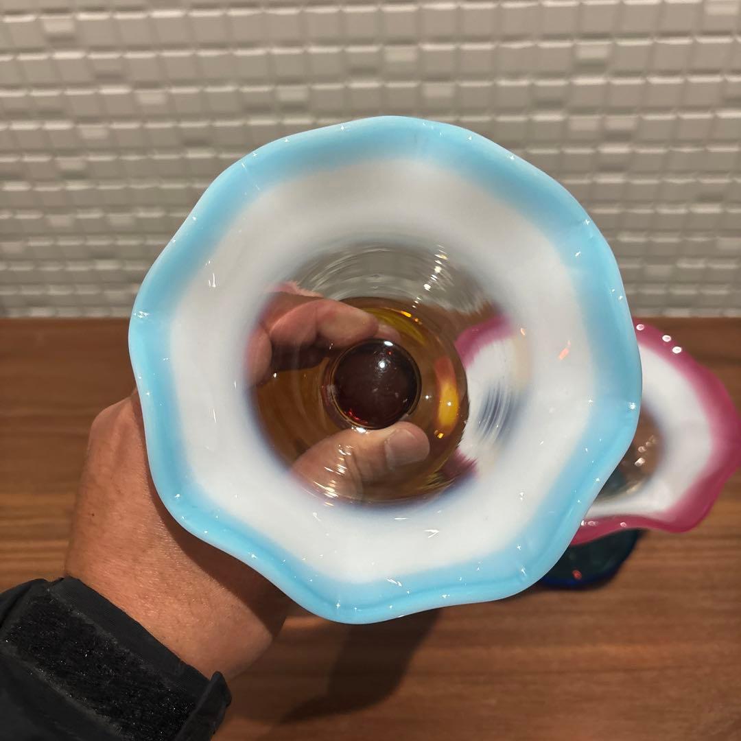 氷コップ 三色 手吹き ガラス 乳白色 レトロ 色付き脚 セット