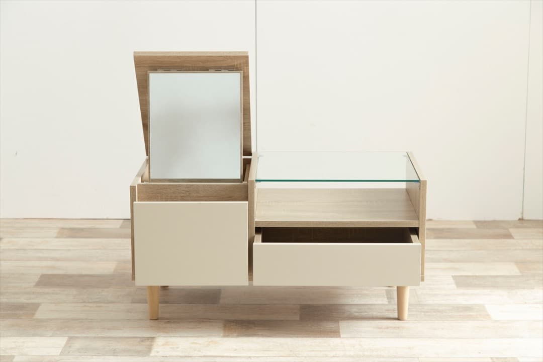 【送料無料】 ディスプレイ収納付きドレッサーテーブル 机 ロー ガラス天板