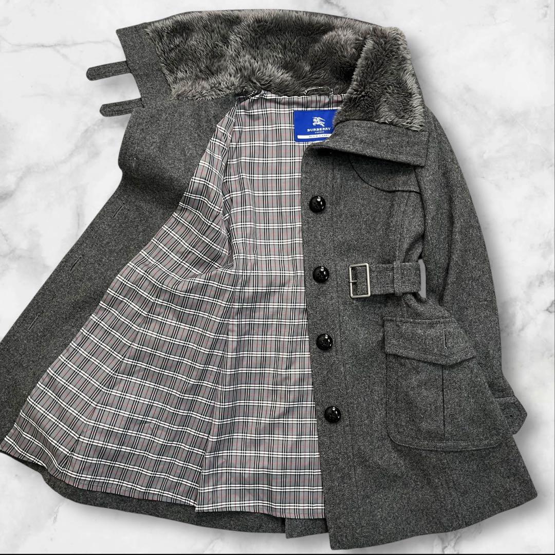 バーバリーブルーレーベル ウール コート 38 グレー チェック ファー ベルト