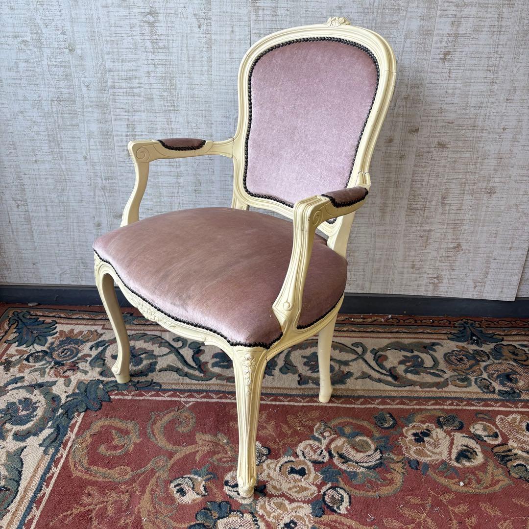 ロココアンティーク 木製ダイニングチェア ベロアアームチェア 姫系 フレンチ家具