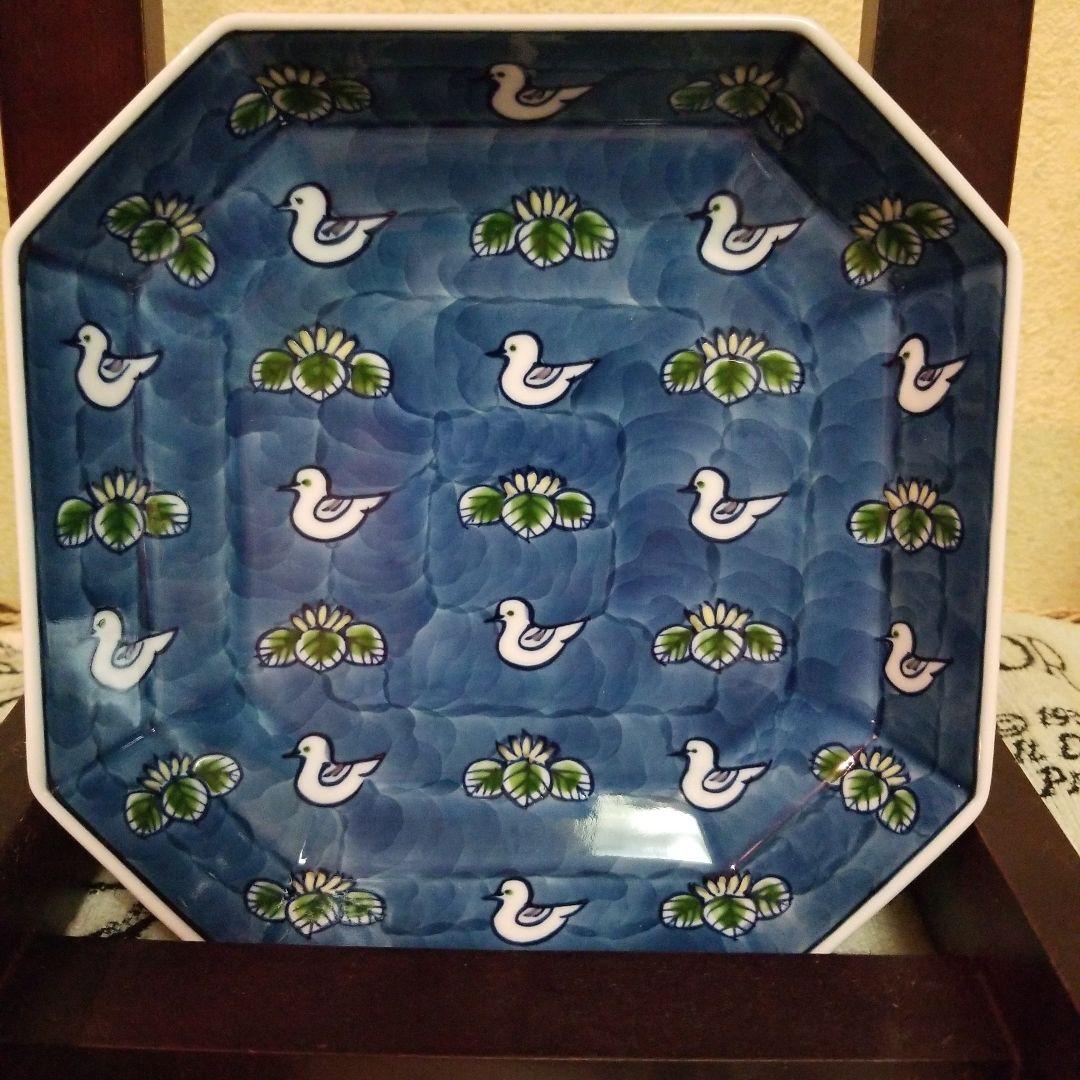 源内焼 八角形皿 ー染錦水鳥図