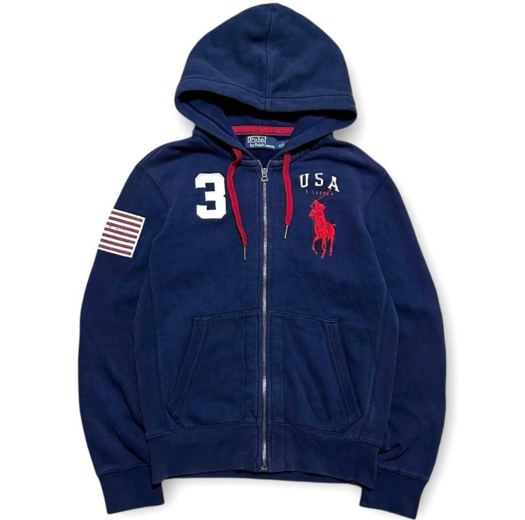 専用！90s ラルフローレン 国旗 刺繍 ビッグポニー 短丈 ジップ パーカー
