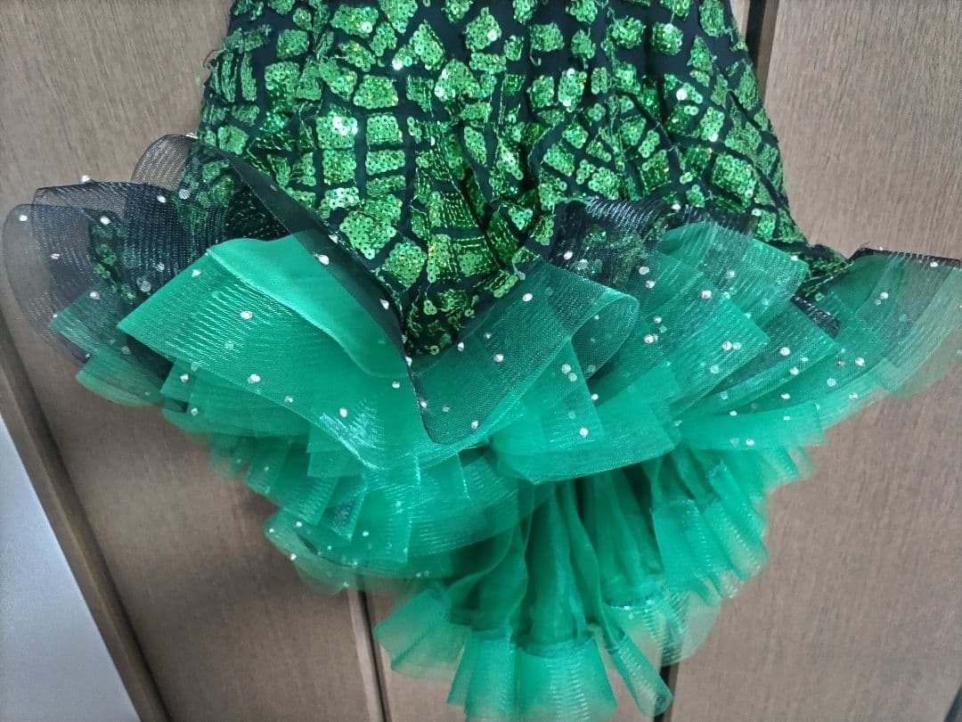 【期間限定値下げ・パソスカート有り】黒と緑のエレガントなラテンドレス