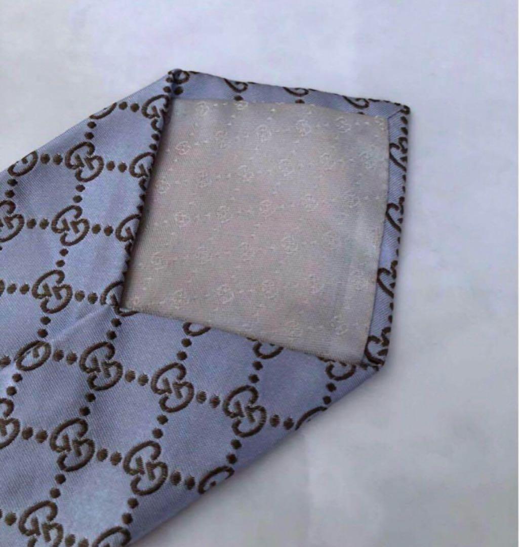 美品　GUCCI ネクタイ　GG柄　総柄　シルク100% 水色×シルバー