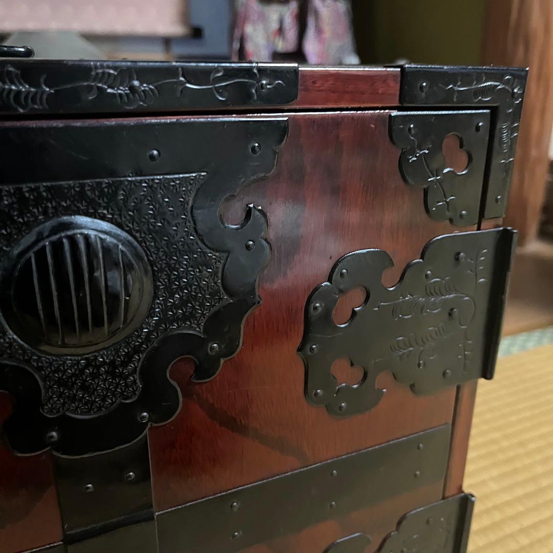 骨董 船箪笥 銭箱 引き出し 金具 鍵付 手提げ