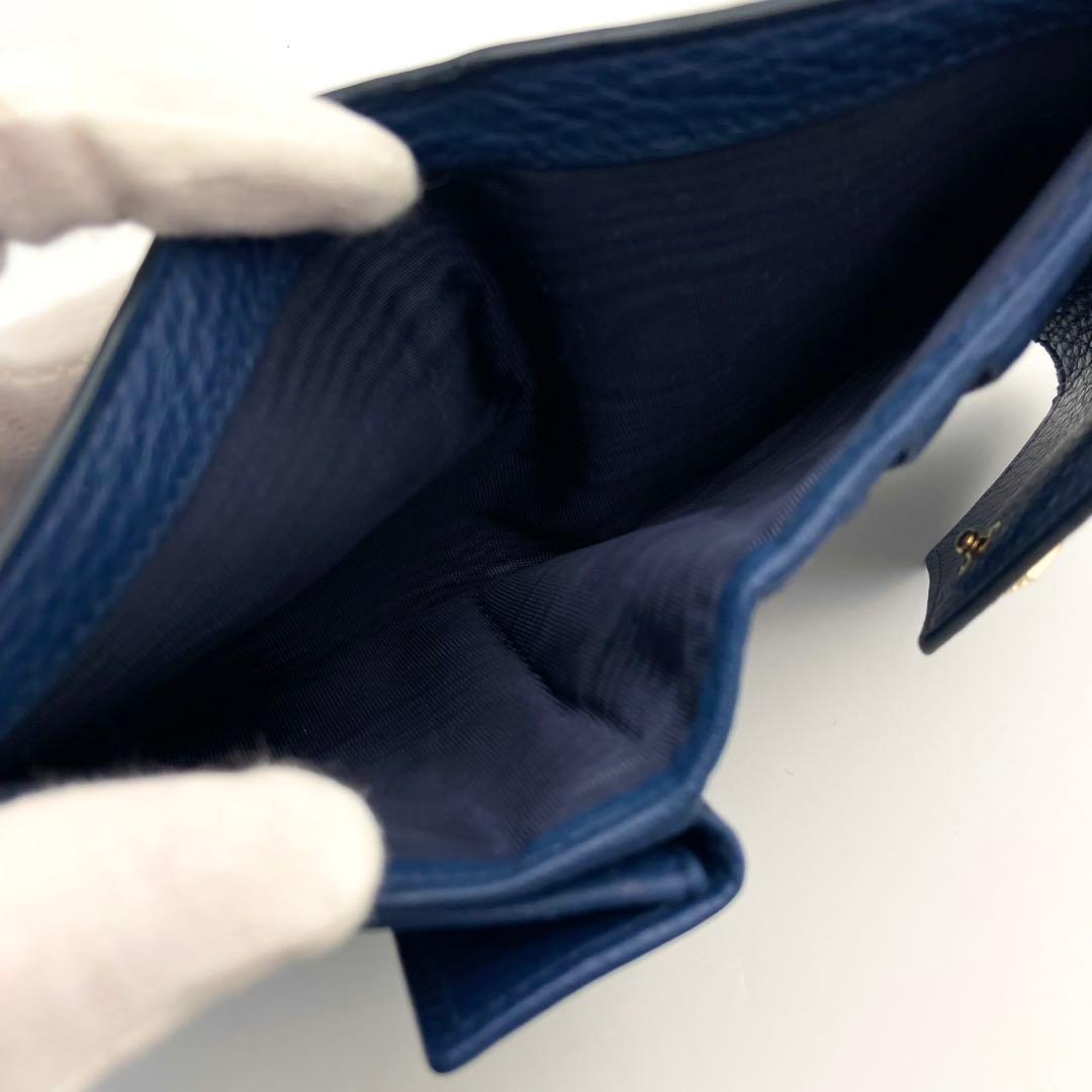 極美品● ミュウミュウ 折り財布 三つ折り ロゴ 金具 ブルー レザー