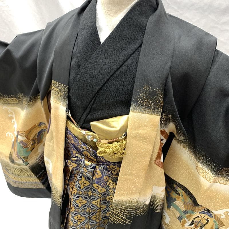 504ab12■＋小物セット 七五三 五歳 着物&羽織&袴&角帯 兜 龍 金彩
