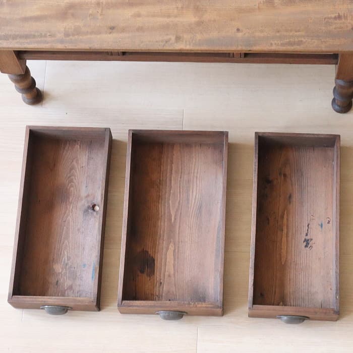 アンティーク ロクロ脚 引き出し3杯 無垢材 文机 古家具 トチ