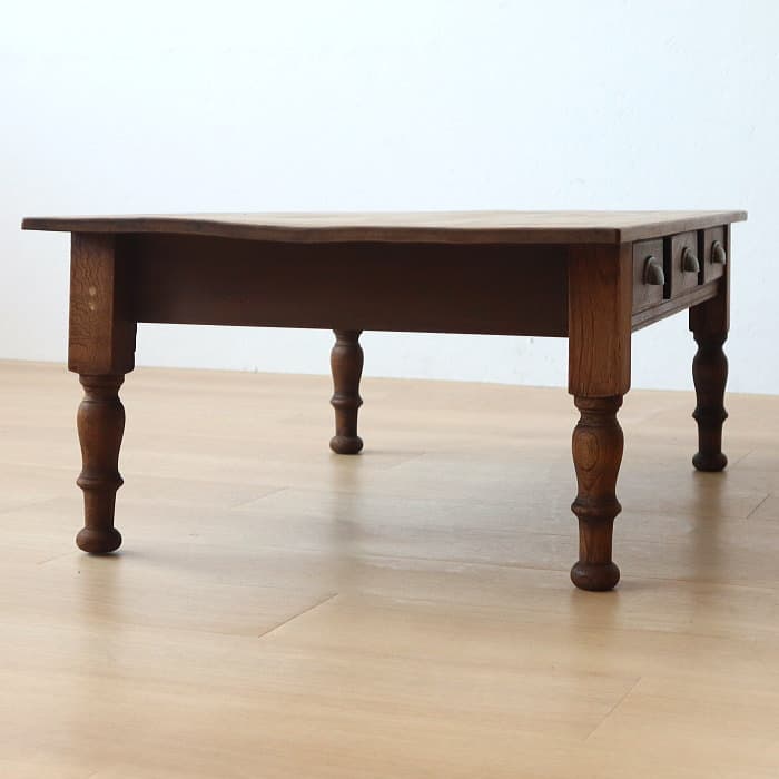 アンティーク ロクロ脚 引き出し3杯 無垢材 文机 古家具 トチ