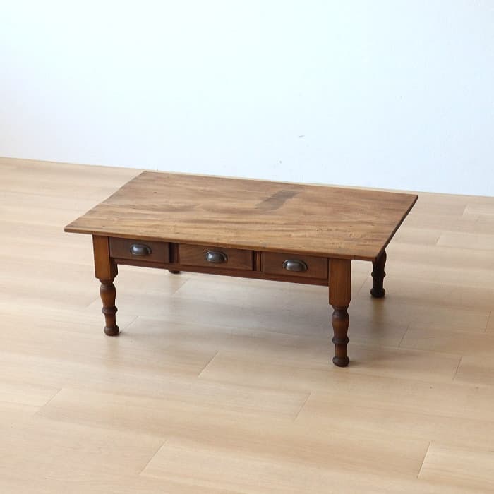 アンティーク ロクロ脚 引き出し3杯 無垢材 文机 古家具 トチ