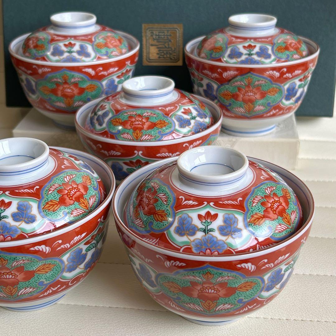 美濃焼　前畑　庫山窯　蓋付きどんぶり揃　5客セット　丼ぶり　色絵　金彩古伊万里