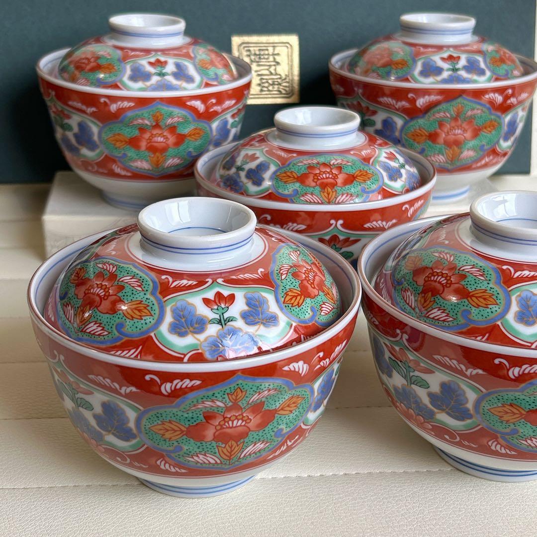 美濃焼　前畑　庫山窯　蓋付きどんぶり揃　5客セット　丼ぶり　色絵　金彩古伊万里