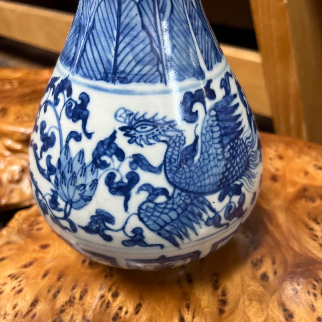中国古美術　鳳凰　青と白が美しい陶器　大清康熙年製　花瓶 床の間などに♪ 壺