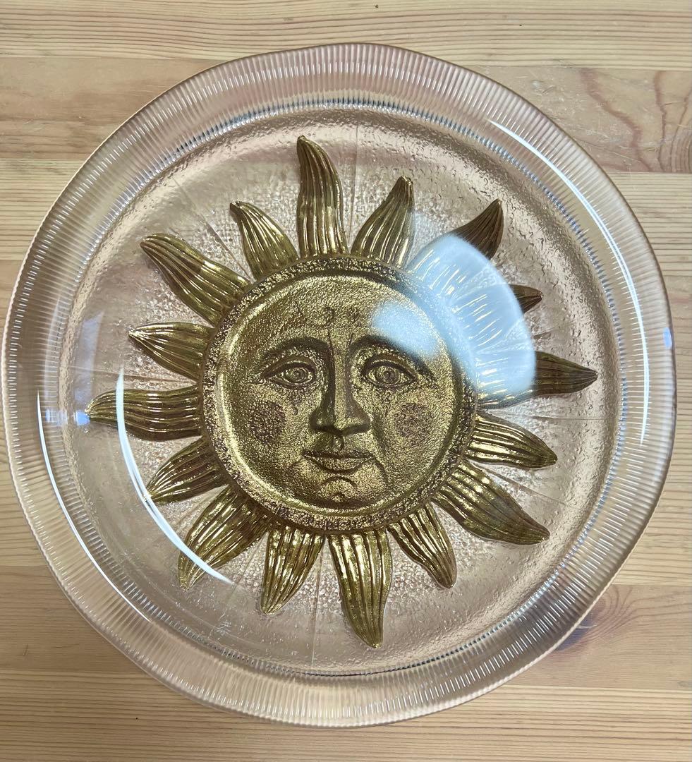 ガラス 太陽 大皿　顔　金　ゴージャス　ゴールド　レア　骨董　希少　洋皿