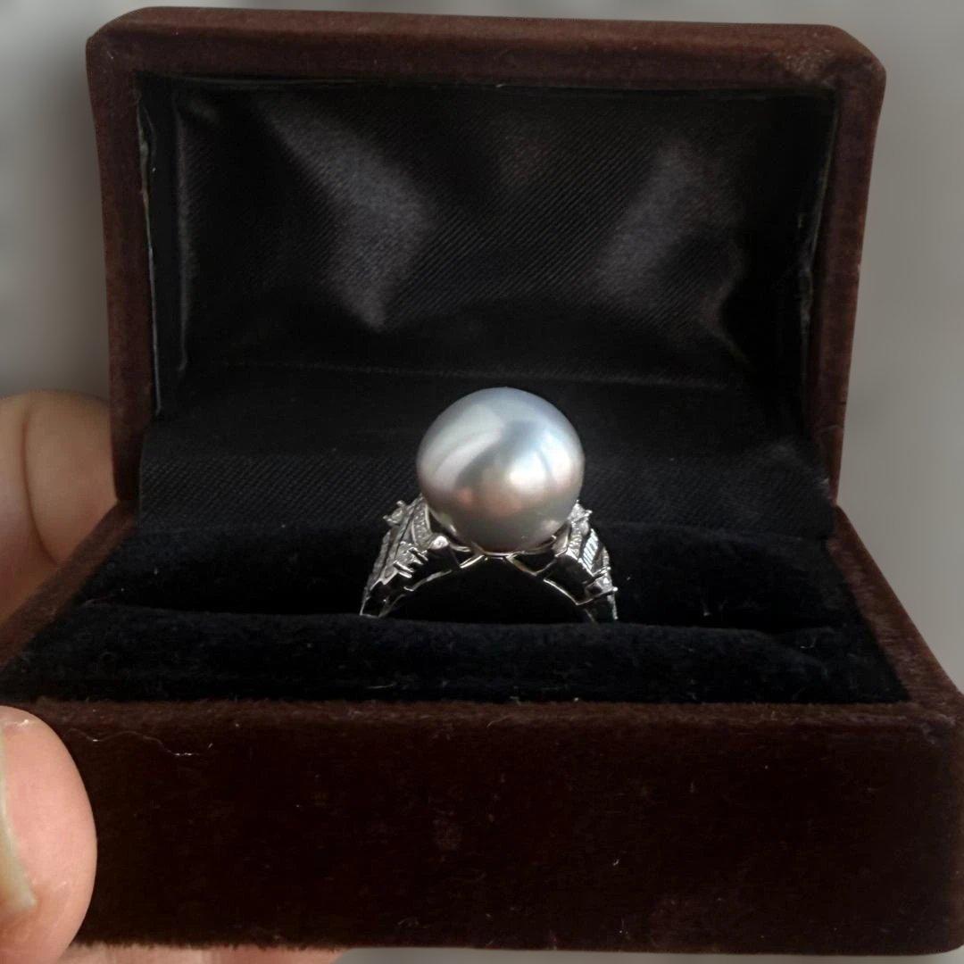 【本真珠】14mm超大珠 タヒチ黒蝶真珠 プラチナグレー リング 豪華18kGP