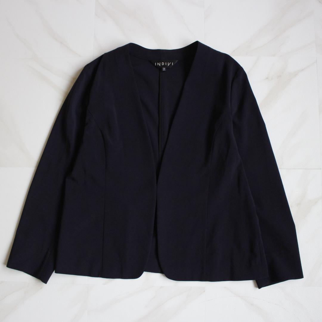 【大きいサイズ】INDIVI ノーカラー セットアップスーツ 3L 紺色